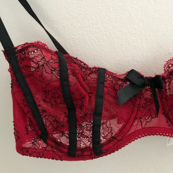Red and Black Sheer Ooh La La Cheri Bra and Garter Set 3 Piece 34D - Picture 4 of 9